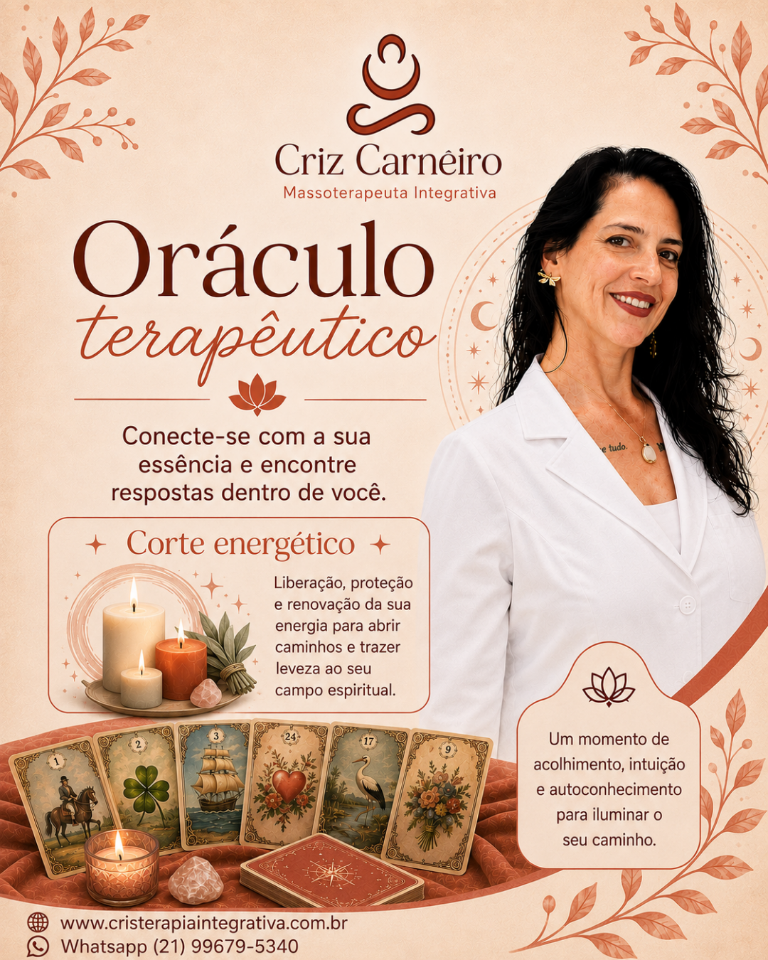 Composição visual com cartas, velas e elementos terapêuticos
